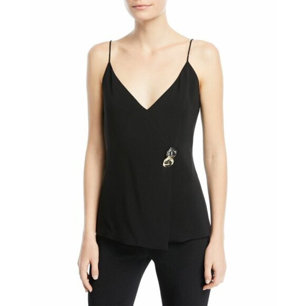 Cushnie Et Ochs Tank Top Black Wrapover V Neck Abstract Buttons SZ 4 NWT